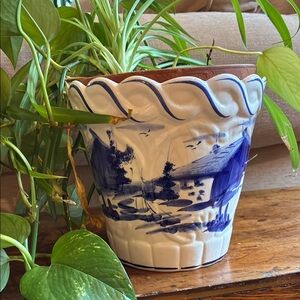 Large Vintage Blue and White Hand-Painted Ceramic Planter